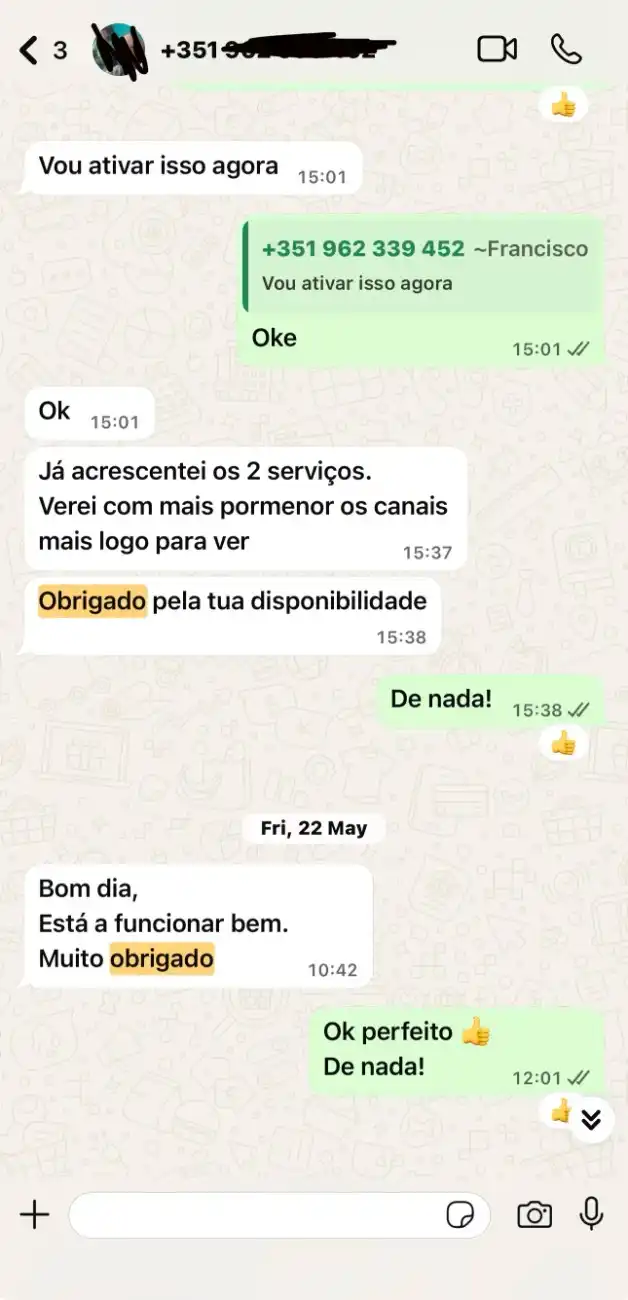 Cliente IPTV Portugal confirma ativação rápida e suporte eficiente via WhatsApp