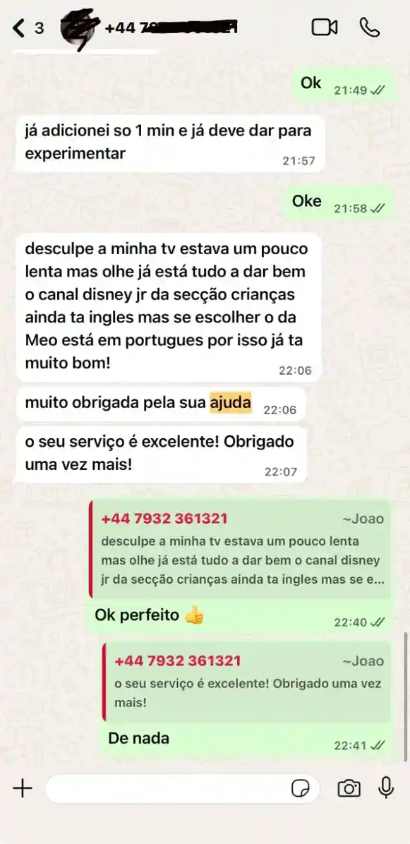 Cliente agradece suporte IPTV Portugal por ajuda na configuração dos canais infantis